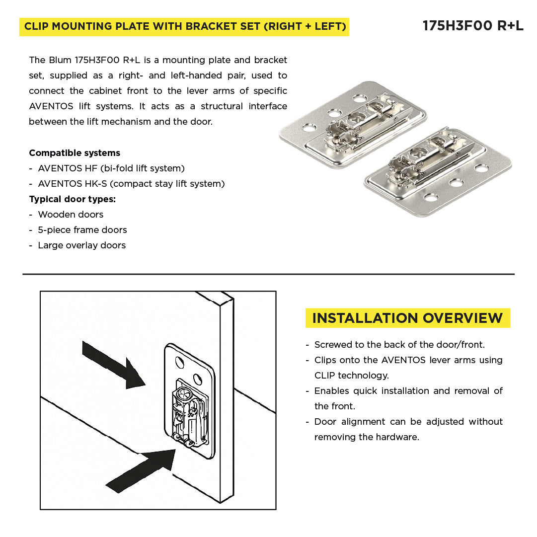 Aventos HF/HK-S Arm Assembly Adapter Plate for Large Overlay 5 Piece Doors, Right+Left, Nickel-Plated