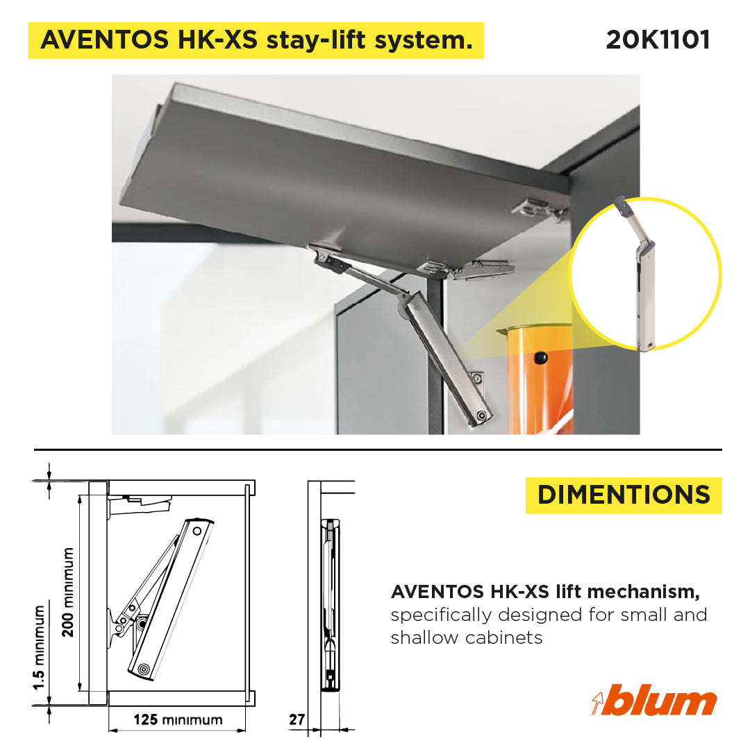 Aventos HK-XS Small Stay Lift, Lift Mechanism, PF=200-1000 (One-Sided Lift Mechanism), Nickel-Plated