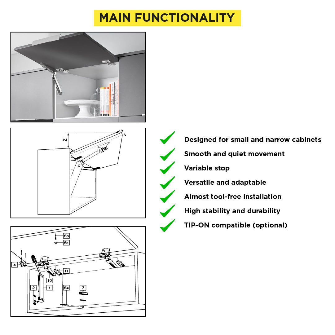 Aventos HK-XS Small Stay Lift, Lift Mechanism, PF=200-1000 (One-Sided Lift Mechanism), Nickel-Plated