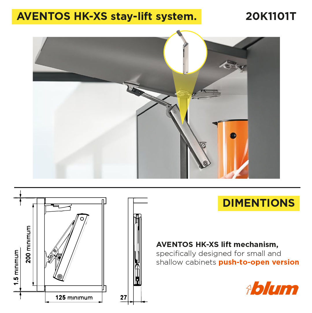 Aventos HK-XS Small Stay Lift, Lift Mechanism, PF=180-800 (One-Sided Lift Mechanism), For TIP-ON, Nickel-Plated