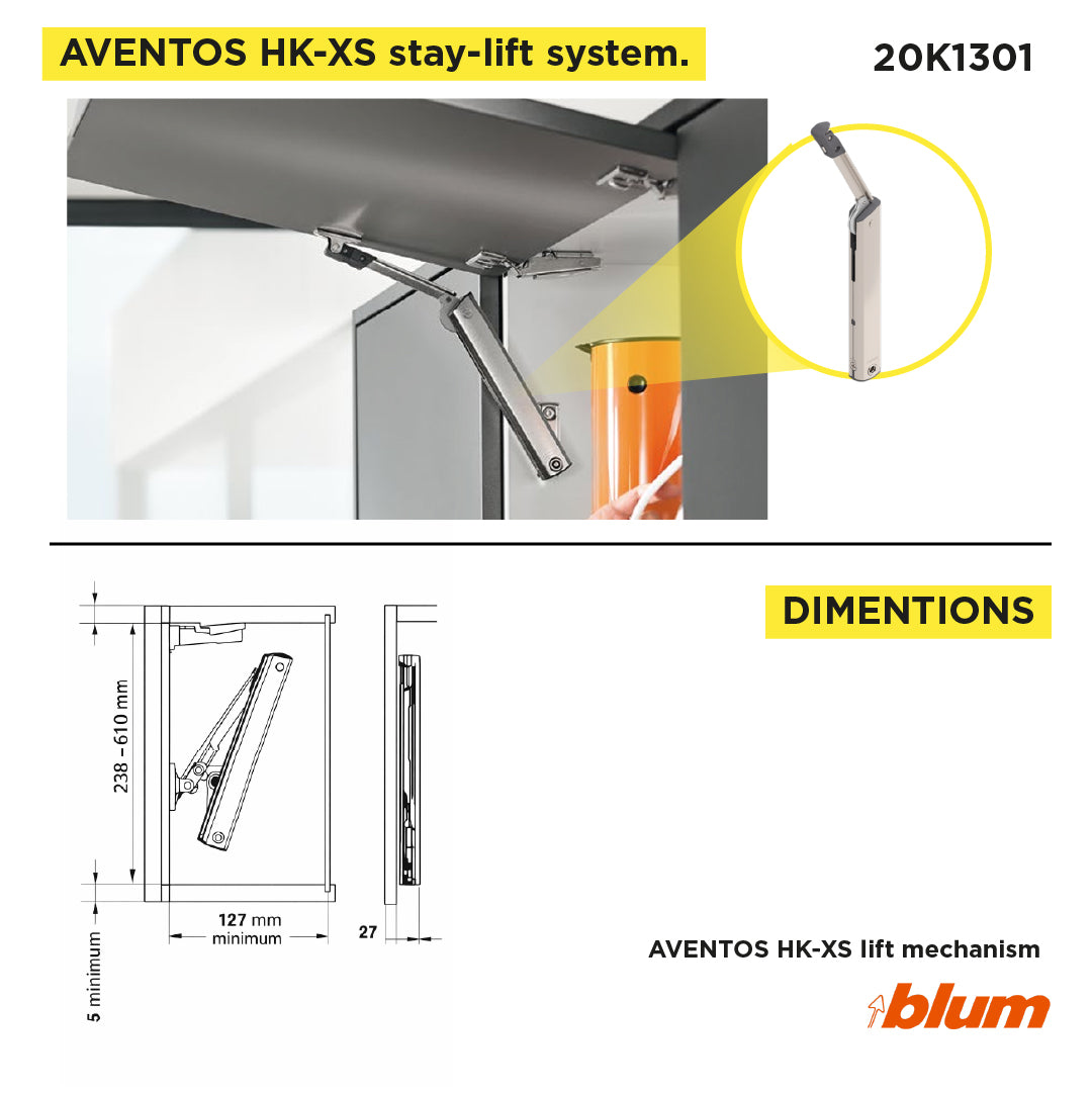 Aventos HK-XS Small Stay Lift, Lift Mechanism, PF=500-1500 (One-Sided Lift Mechanism), Nickel-Plated