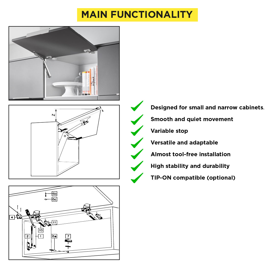 Aventos HK-XS Small Stay Lift, Lift Mechanism, PF=500-1500 (One-Sided Lift Mechanism), Nickel-Plated