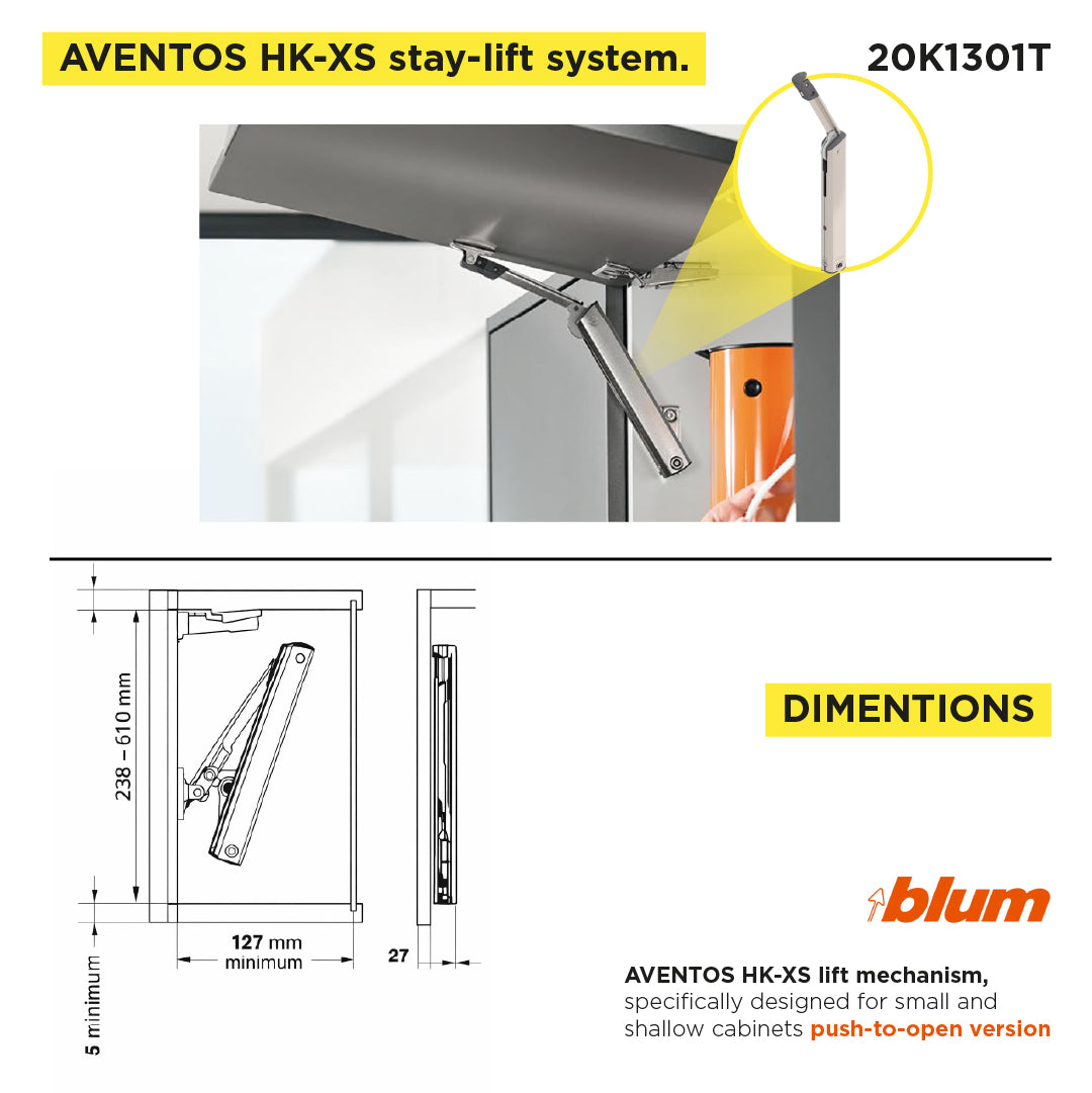 Aventos HK-XS Small Stay Lift, Lift Mechanism, PF=500-1200 (One-Sided Lift Mechanism), For TIP-ON, Nickel-Plated