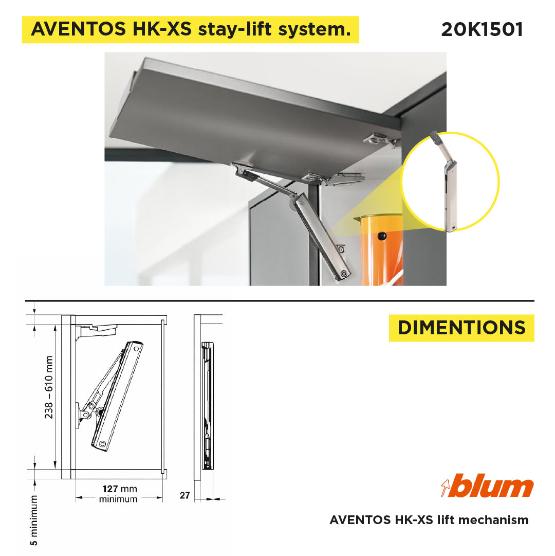 Aventos HK-XS Small Stay Lift, Lift Mechanism, PF=800-1800 (One-Sided Lift Mechanism), Nickel-Plated