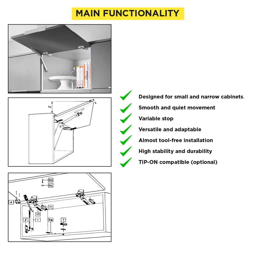 Aventos HK-XS Small Stay Lift, Lift Mechanism, PF=800-1800 (One-Sided Lift Mechanism), Nickel-Plated