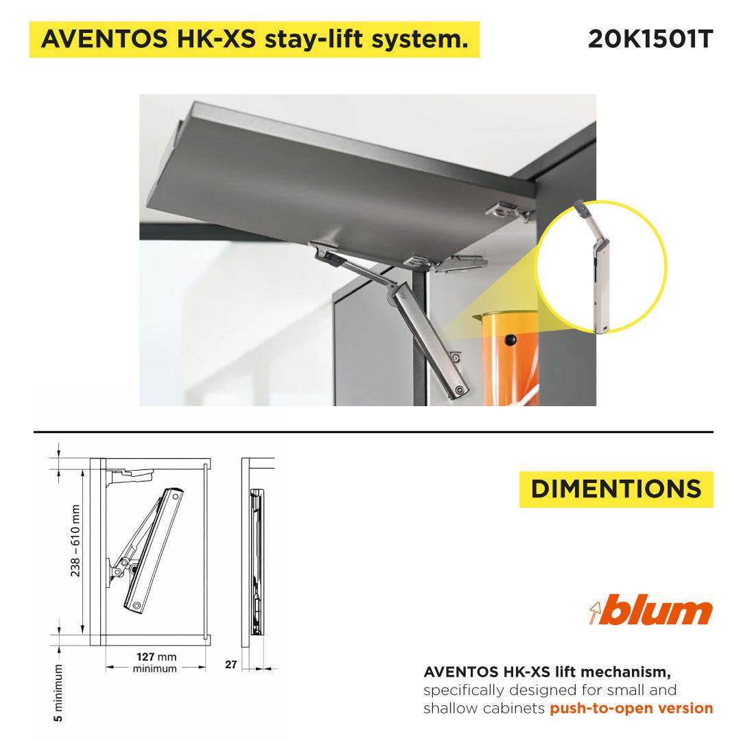 Aventos HK-XS Small Stay Lift, Lift Mechanism, PF=800-1600 (One-Sided Lift Mechanism), For TIP-ON, Nickel-Plated