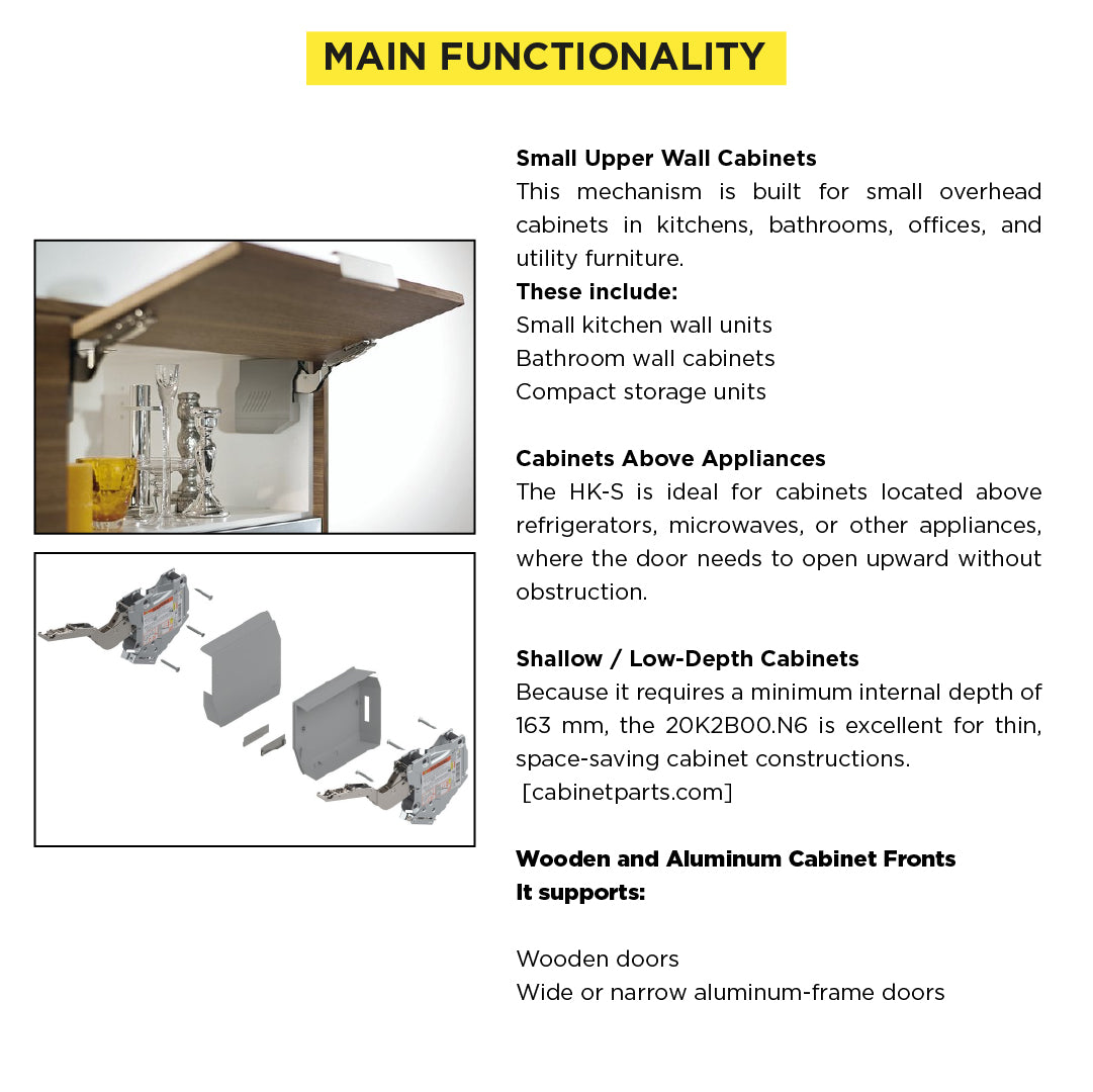 Aventos HK-S Stay Lift, Lift Mechanism (Set), PF=220-500 (With 2 Pieces), for Screwing On, Light Gray/Stainless Steel Brushed