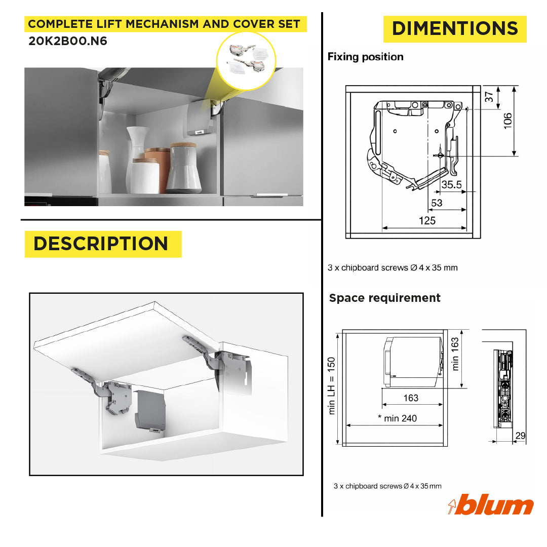 Aventos HK-S Stay Lift, Lift Mechanism (Set), PF=220-500 (With 2 Pieces), for Screwing On, Light Gray/Stainless Steel Brushed