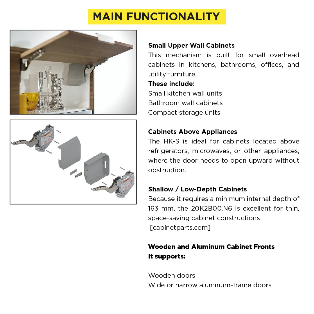 Aventos HK-S Stay Lift, Lift Mechanism (Set), PF=220-500 (With 2 Pieces), for Screwing On, For TIP-ON, Light Gray/Stainless Steel Brushed
