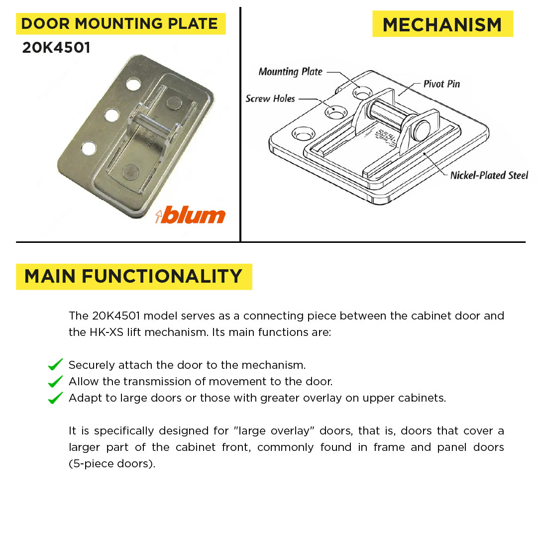 Aventos HK-XS Arm Assembly Adapter Plate for Large Overlay 5 Piece Doors, Nickel-Plated