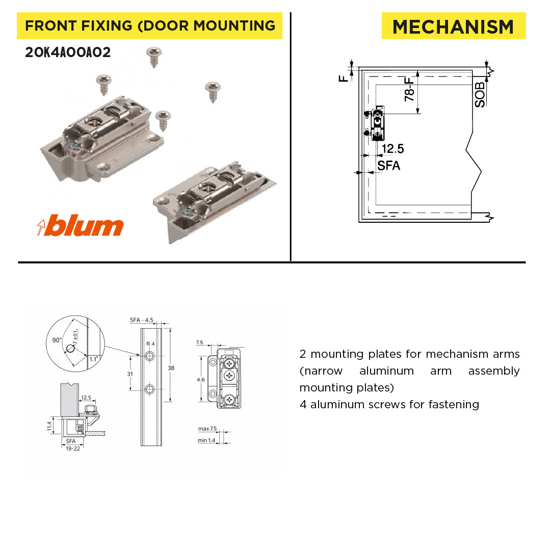 Aventos HK-S Stay Lift, Mounting Plate for Narrow Aluminum Frames (Set), Screw-On, Nickel-Plated
