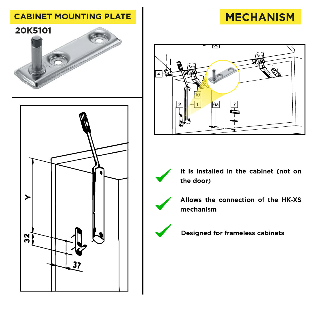 Aventos HK-XS Small Stay Lift, Cabinet Mounting Plate, Screw-On, Nickel-Plated