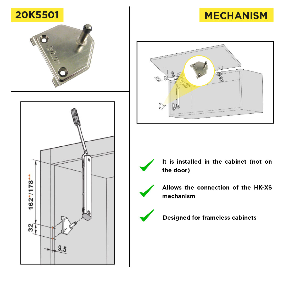 Aventos HK-XS Small Stay Lift, Cabinet Mounting Plate, Screw-On, Nickel-Plated