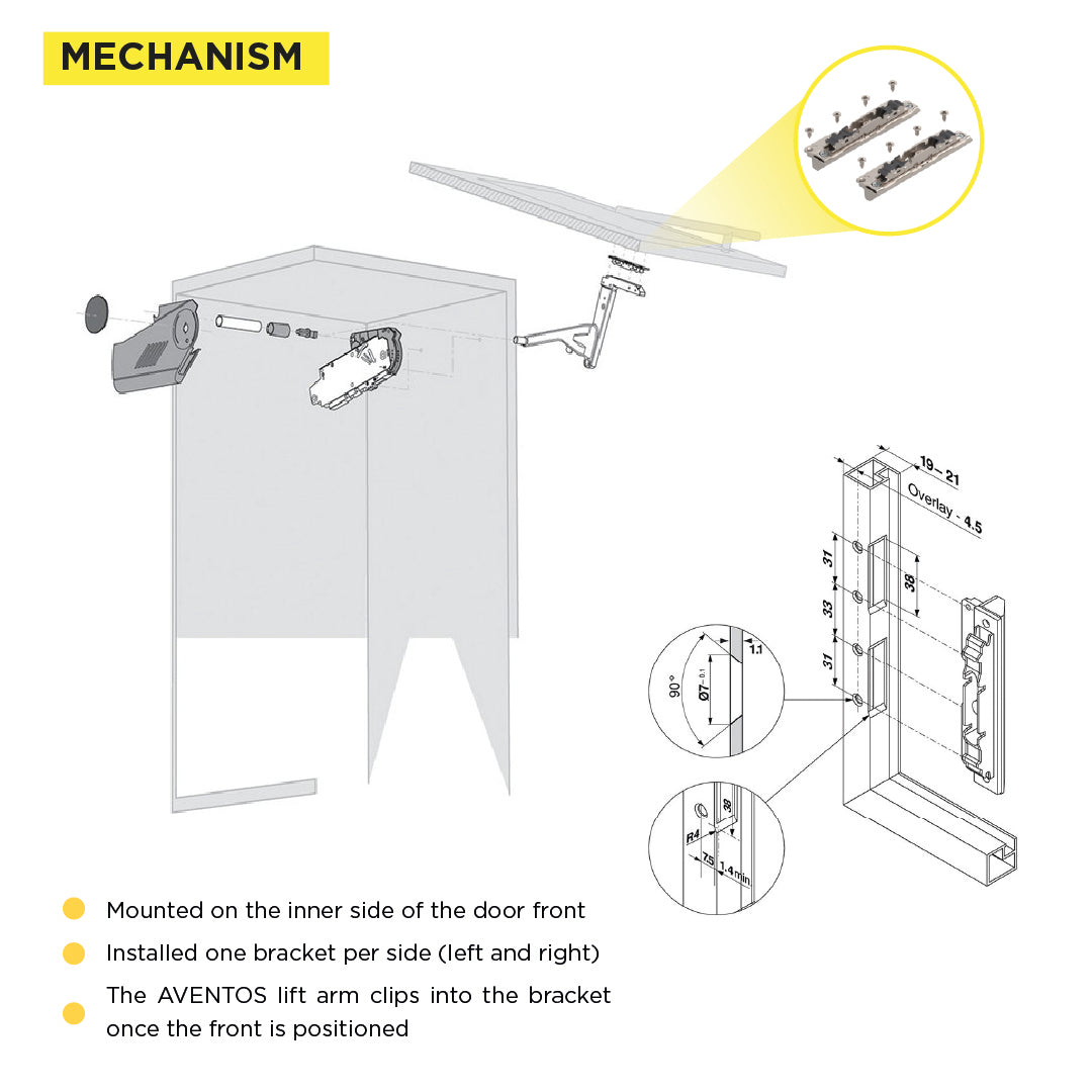Aventos HS/HL/HK and HK Top Lift Systems, Arm Assembly Mounting Plate for Narrow Aluminum Frames, Screw-On, Nickel-Plated