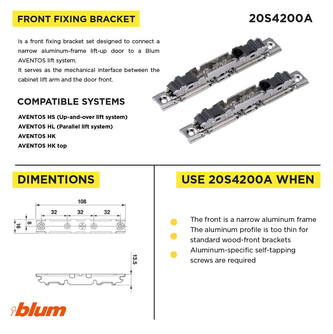 Aventos HS/HL/HK and HK Top Lift Systems, Arm Assembly Mounting Plate for Narrow Aluminum Frames, Screw-On, Nickel-Plated