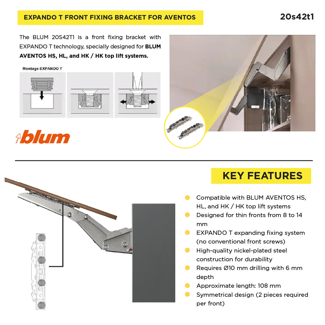 Aventos HS/HL/HK and HK Top Lift Systems, Mounting Plate With Bracket for Thin Fronts, EXPANDO T, Nickel-Plated