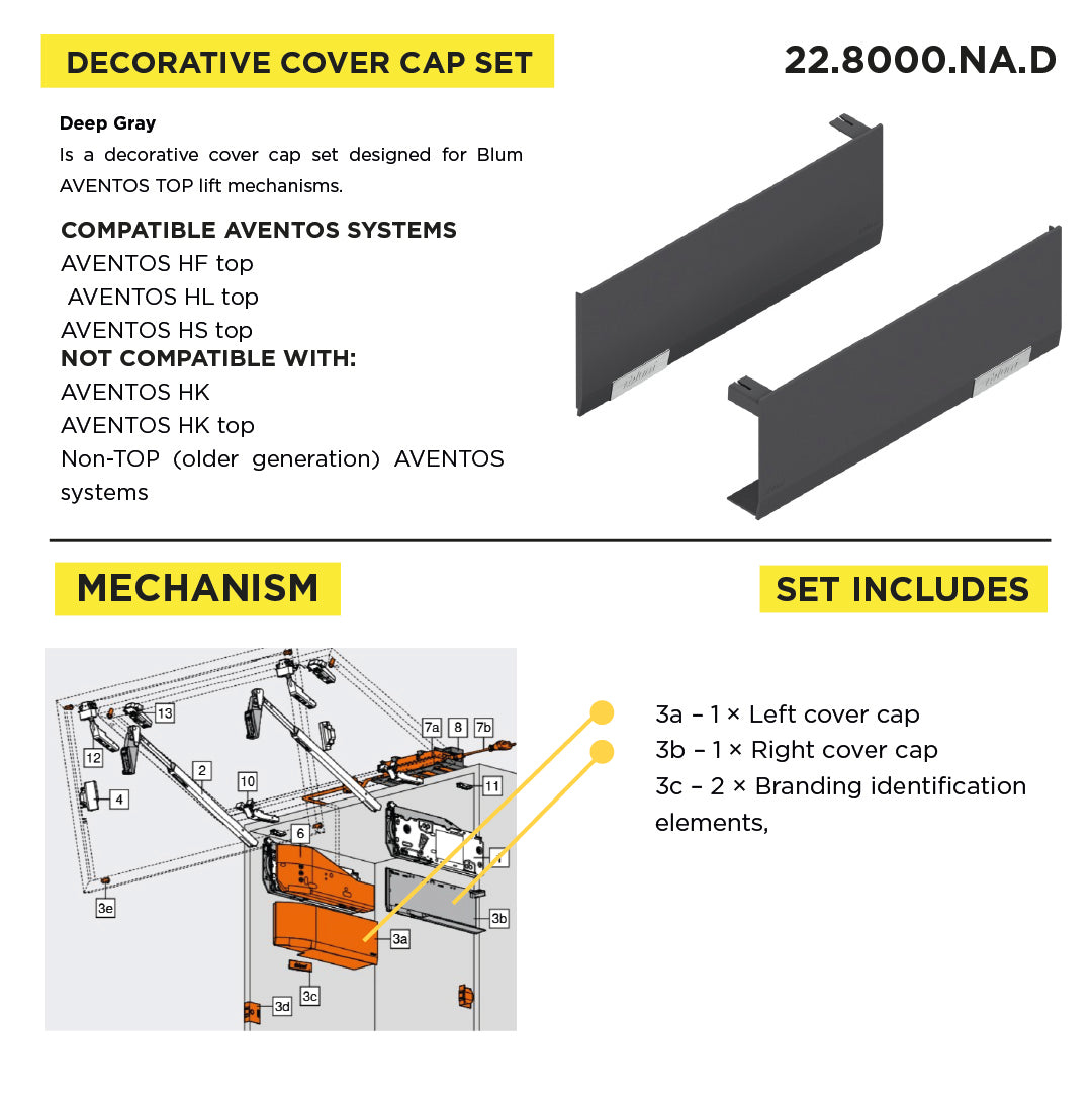 Cover Cap Set Aventos HF/Hs/HL Top, Plain, Right+Left, Printed, Deep Gray/Stainless Steel Brushed