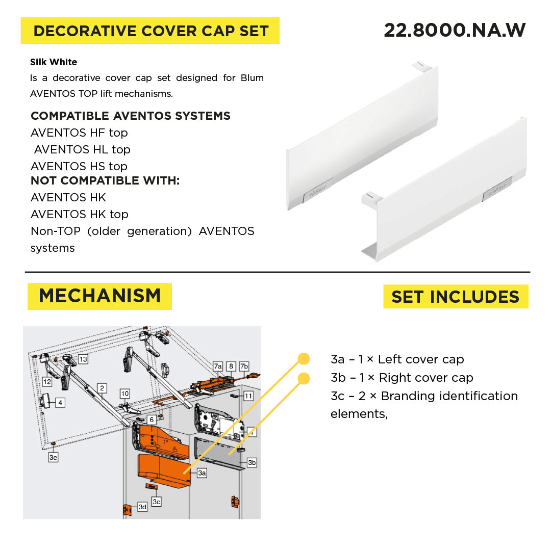 Cover Cap Set Aventos HF/Hs/HL Top, Plain, Right+Left, Printed, Silk White/Stainless Steel Brushed