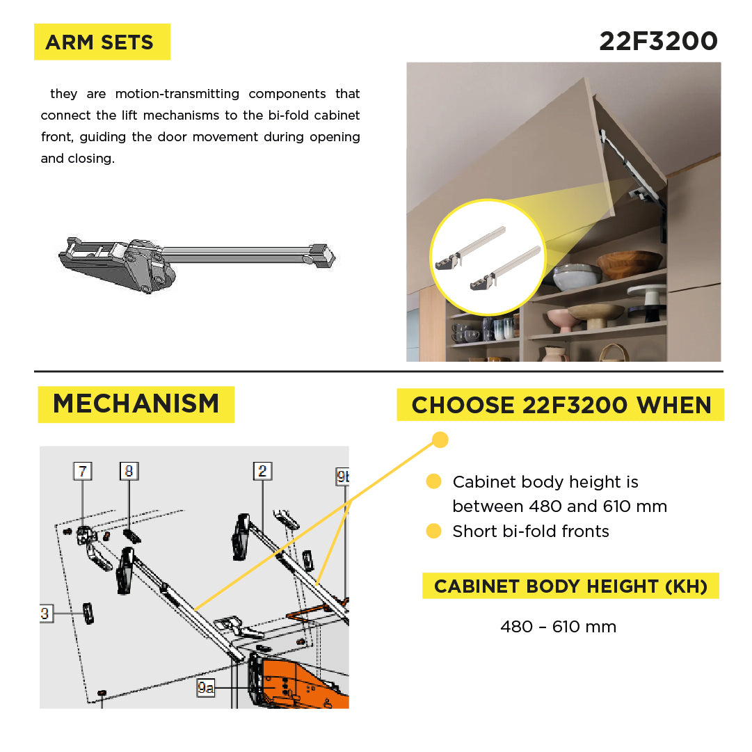 Aventos HF Top Bi-Fold Lift System, Lever (Set), CH=480-610 mm (18-7/8" - 24"), Non-Handed, Nickel-Plated