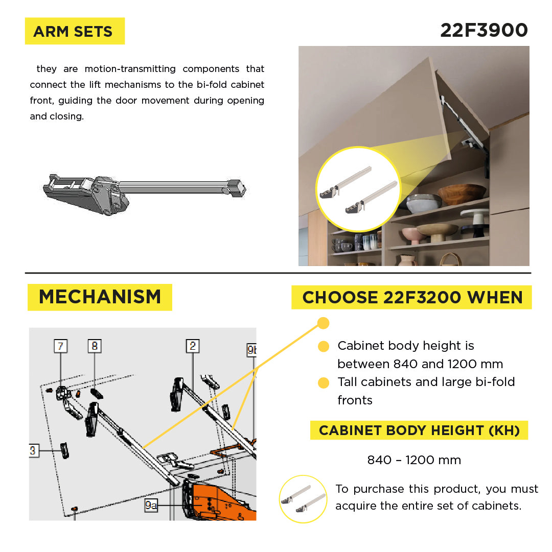 Aventos HF Top Bi-Fold Lift System, Lever (Set), CH=840-1200 mm (33-1/16" - 47-1/4"), Non-Handed, Nickel-Plated