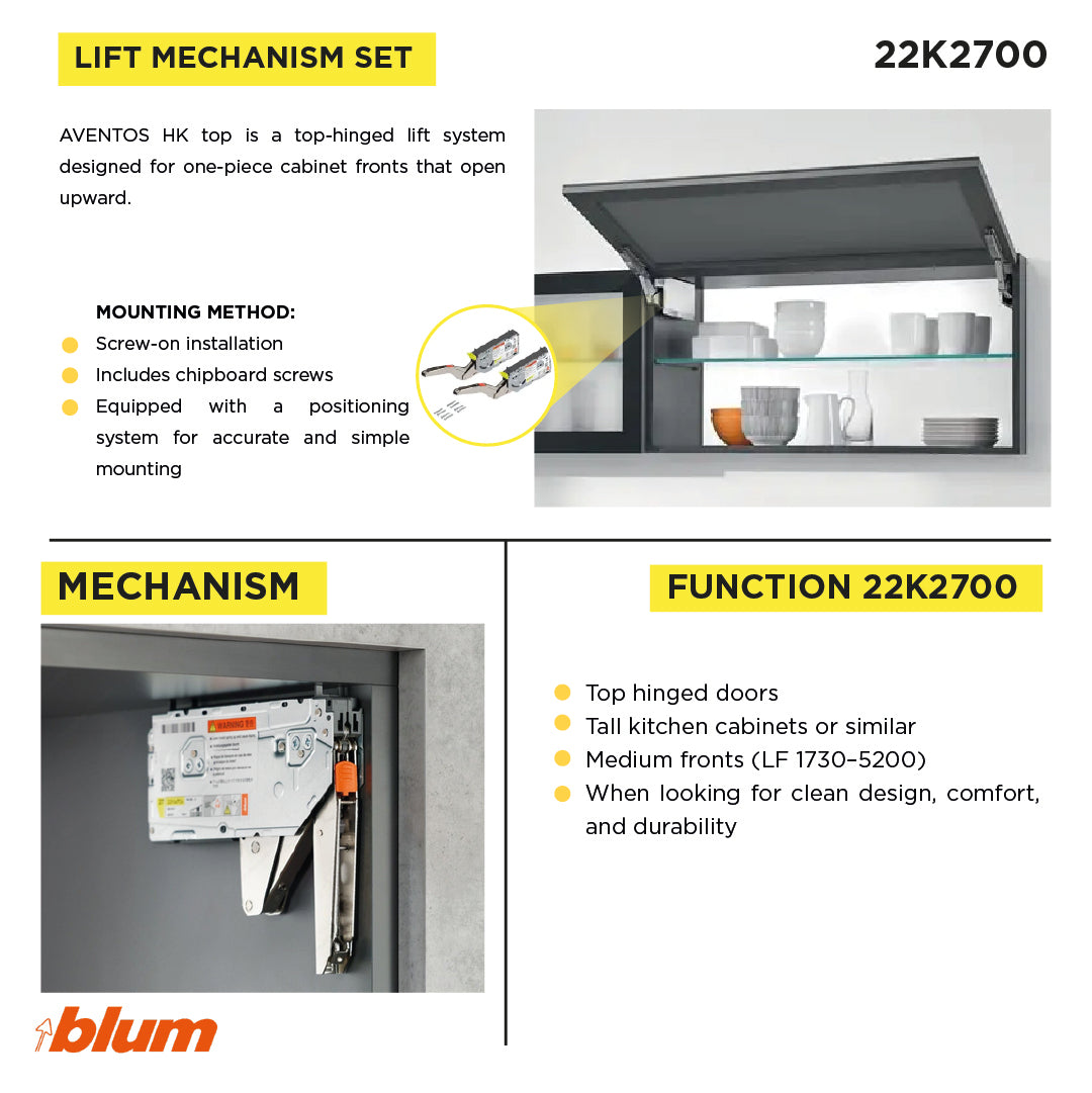 Aventos HK Top Stay Lift, Lift Mechanism (Set), PF=1730-5200 (With 2 Pieces), for Screwing On, Suitable For SERVO-DRIVE, Zinc-Coated