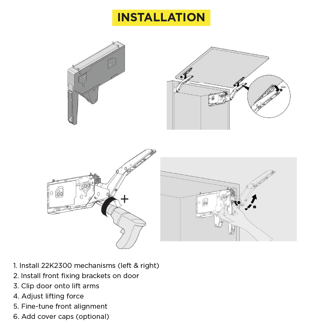 Aventos HK Top Stay Lift, Lift Mechanism (Set), PF=1730-5200 (With 2 Pieces), for Screwing On, For TIP-ON, Zinc-Coated
