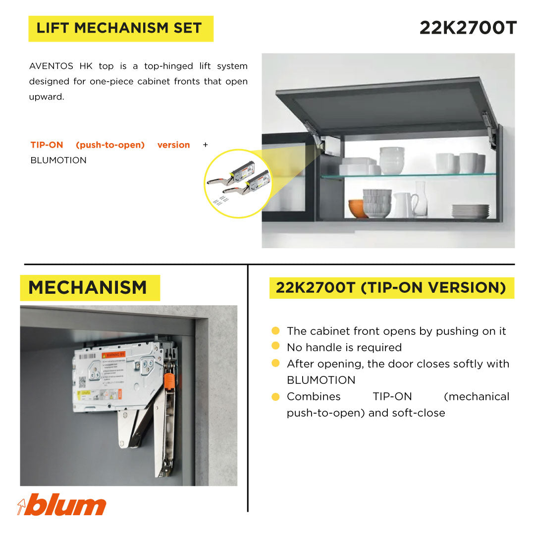Aventos HK Top Stay Lift, Lift Mechanism (Set), PF=1730-5200 (With 2 Pieces), for Screwing On, For TIP-ON, Zinc-Coated