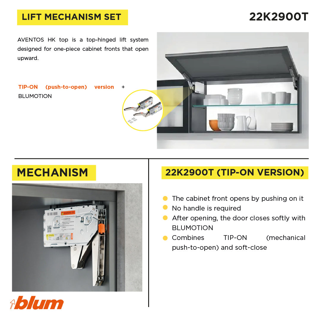 Aventos HK Top Stay Lift, Lift Mechanism (Set), PF=3200-9000 (With 2 Pieces), for Screwing On, For TIP-ON, Zinc-Coated