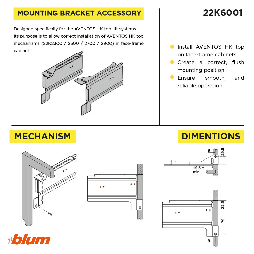 Aventos HK Top Stay Lift, Mounting Bracket for Face Frame Cabinet, Screw-On, Zinc-Coated