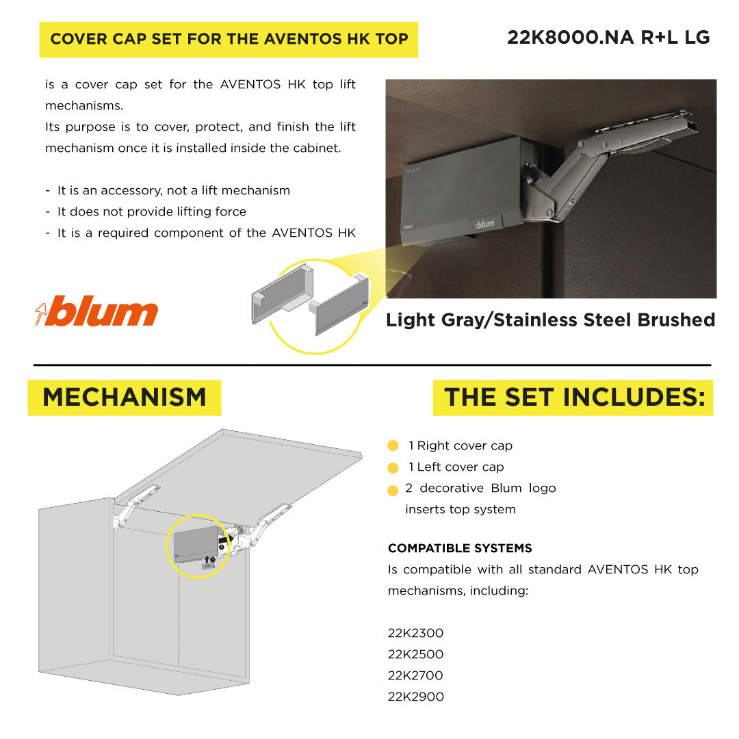 Aventos HK Top Stay Lift, Cover Cap Large, Plain, Right+Left, Light Gray/Stainless Steel Brushed
