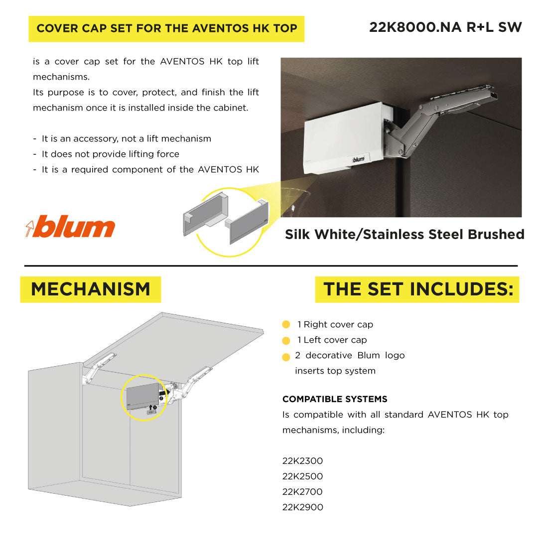 Aventos HK Top Stay Lift, Cover Cap Large, Plain, Right+Left, Silk White/Stainless Steel Brushed