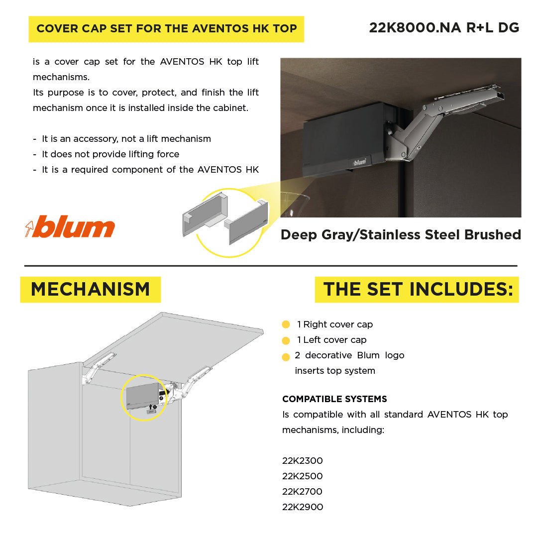 Aventos HK Top Stay Lift, Cover Cap Large, Plain, Right+Left, Deep Gray/Stainless Steel Brushed