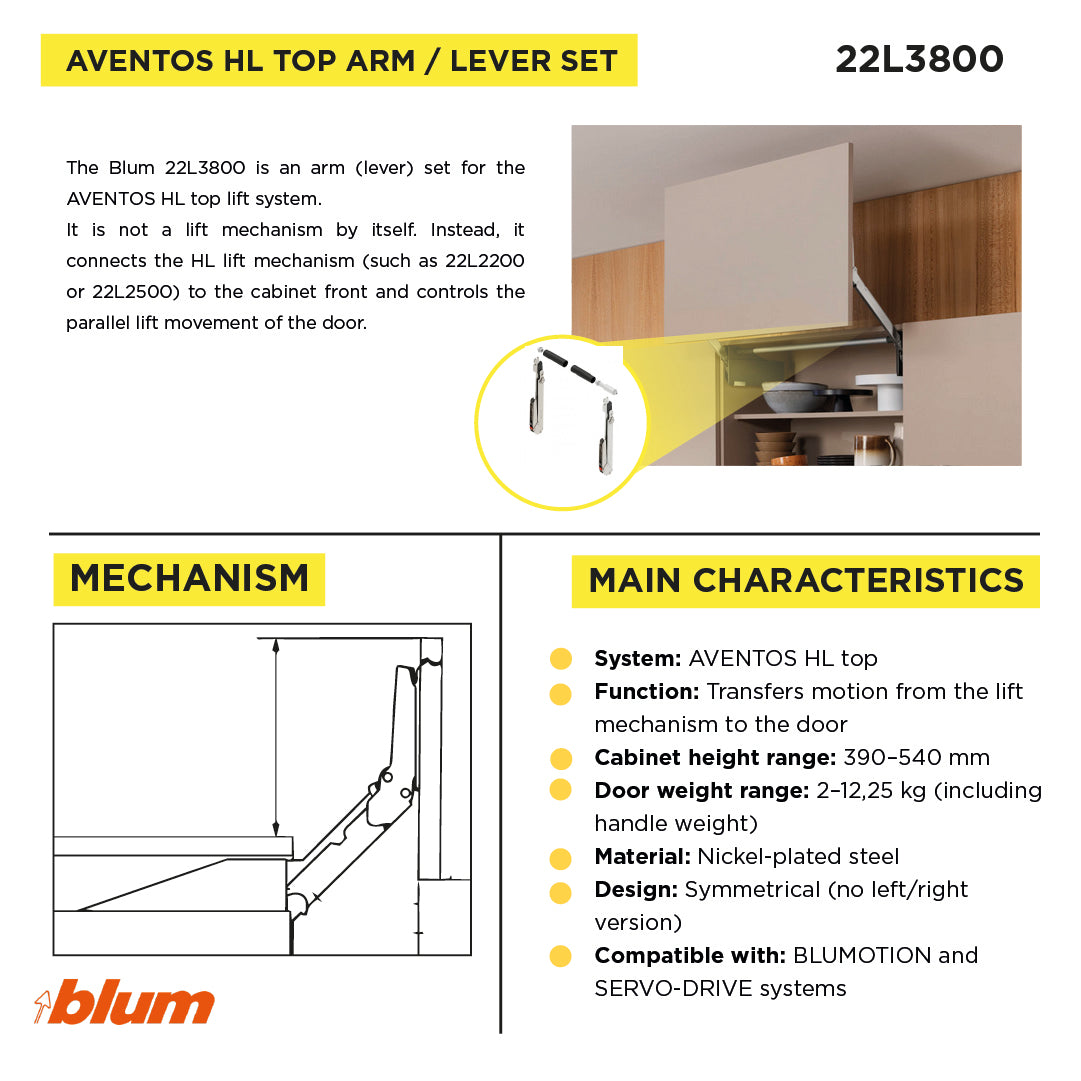 Aventos HL Top Lift Up, Lever (Set), CH=390-540 mm (15-3/8" - 21-1/4"), Non-Handed, Nickel-Plated