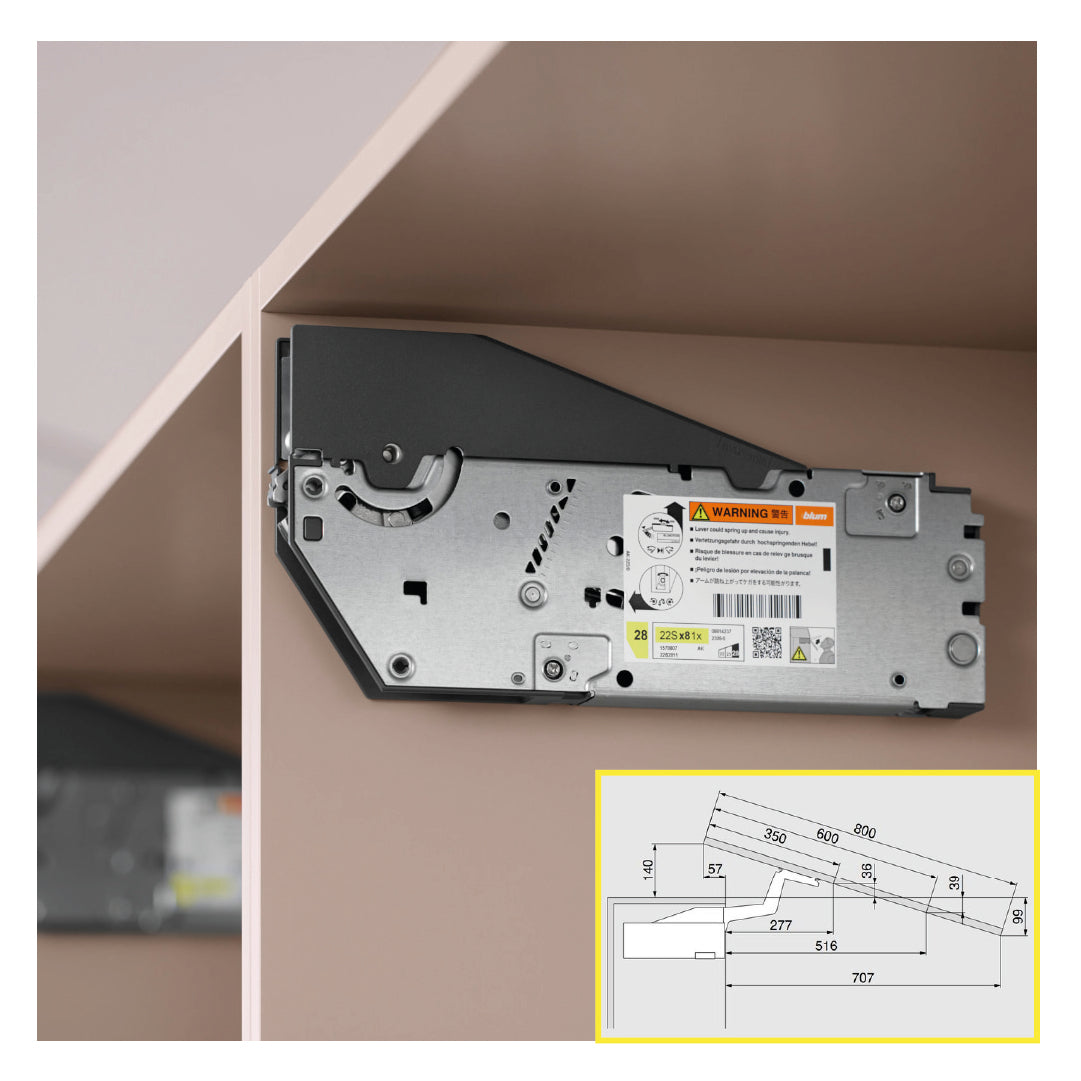 Aventos HS Top Up & Over Lift System, Lift Mechanism (Set), CH=650-800 mm (25-9/16" - 31-1/2"), for Screwing On, Suitable For SERVO-DRIVE, Zinc-Coated
