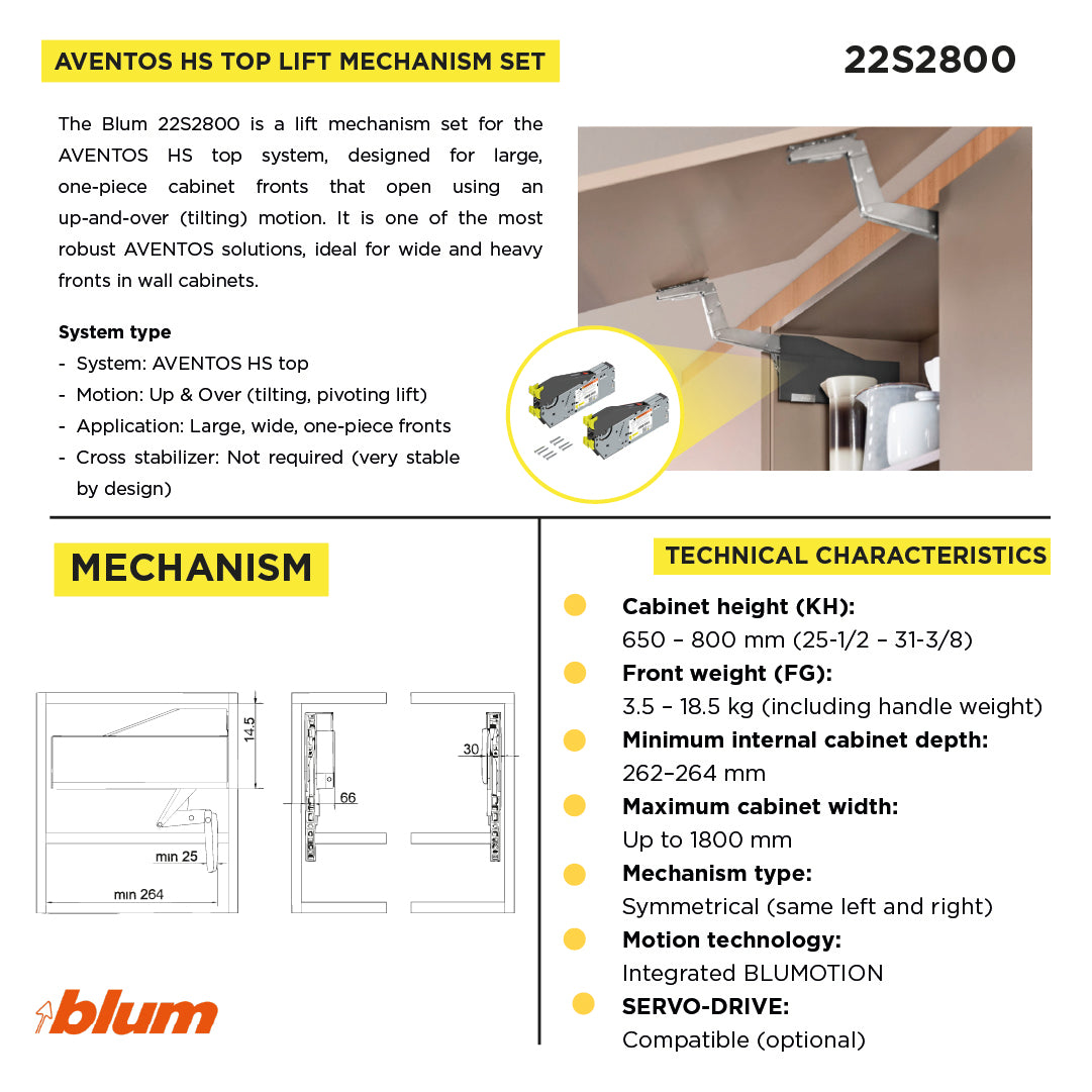 Aventos HS Top Up & Over Lift System, Lift Mechanism (Set), CH=650-800 mm (25-9/16" - 31-1/2"), for Screwing On, Suitable For SERVO-DRIVE, Zinc-Coated