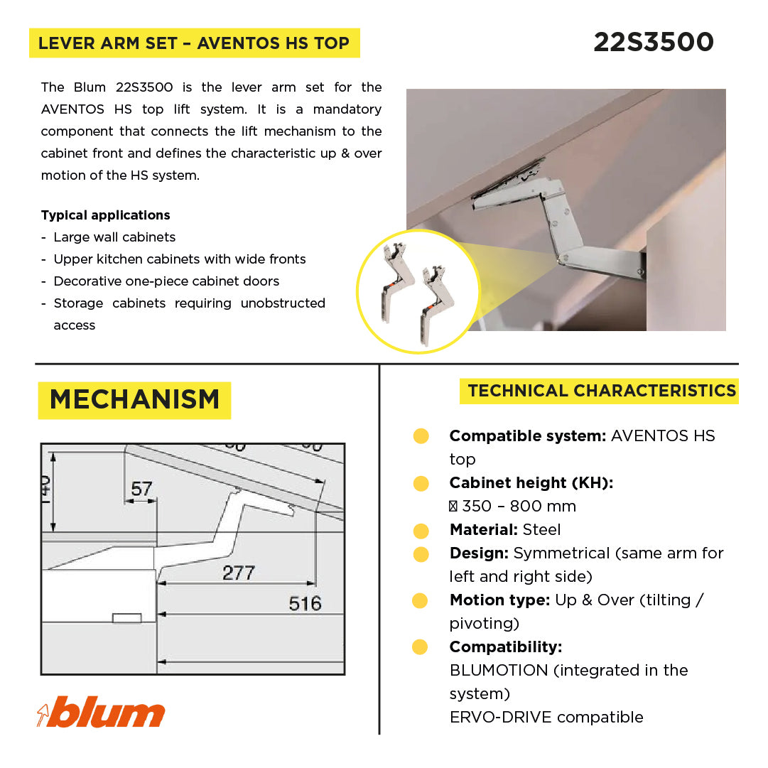 Aventos HS Top Up & Over Lift System, Lever (Set), CH=350-800 mm (13-3/4" - 31-1/2"), Non-Handed, Nickel-Plated