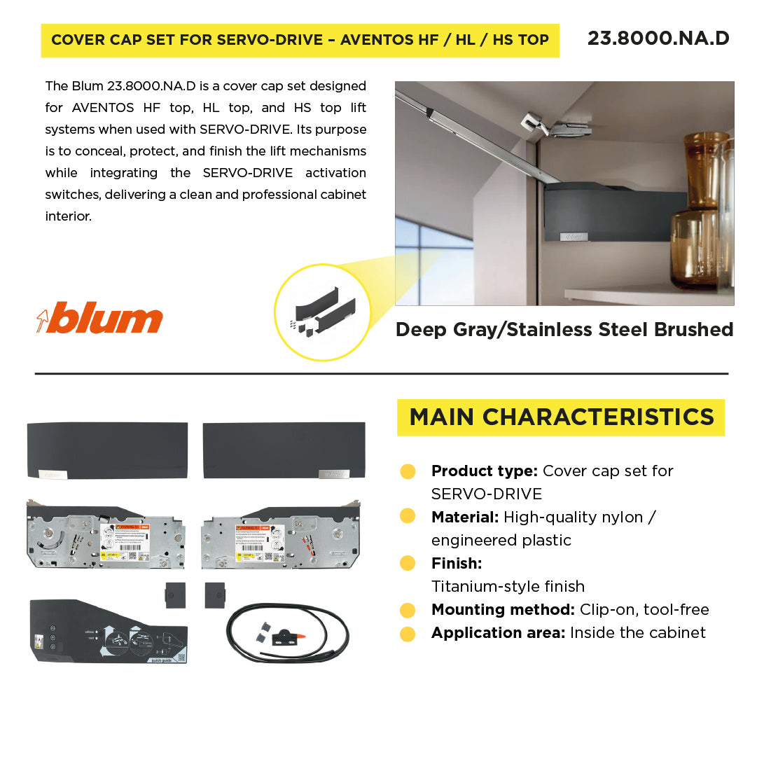 Cover Cap Set Aventos HF/Hs/HL Top, Plain, Right+Left, Suitable For SERVO-DRIVE, Deep Gray/Stainless Steel Brushed