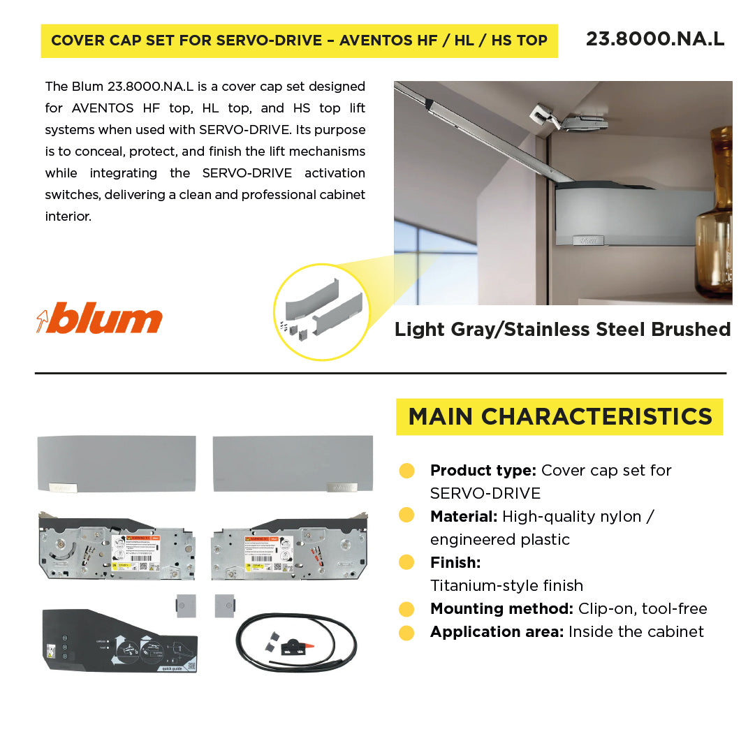 Cover Cap Set Aventos HF/Hs/HL Top, Plain, Right+Left, Suitable For SERVO-DRIVE, Light Gray/Stainless Steel Brushed