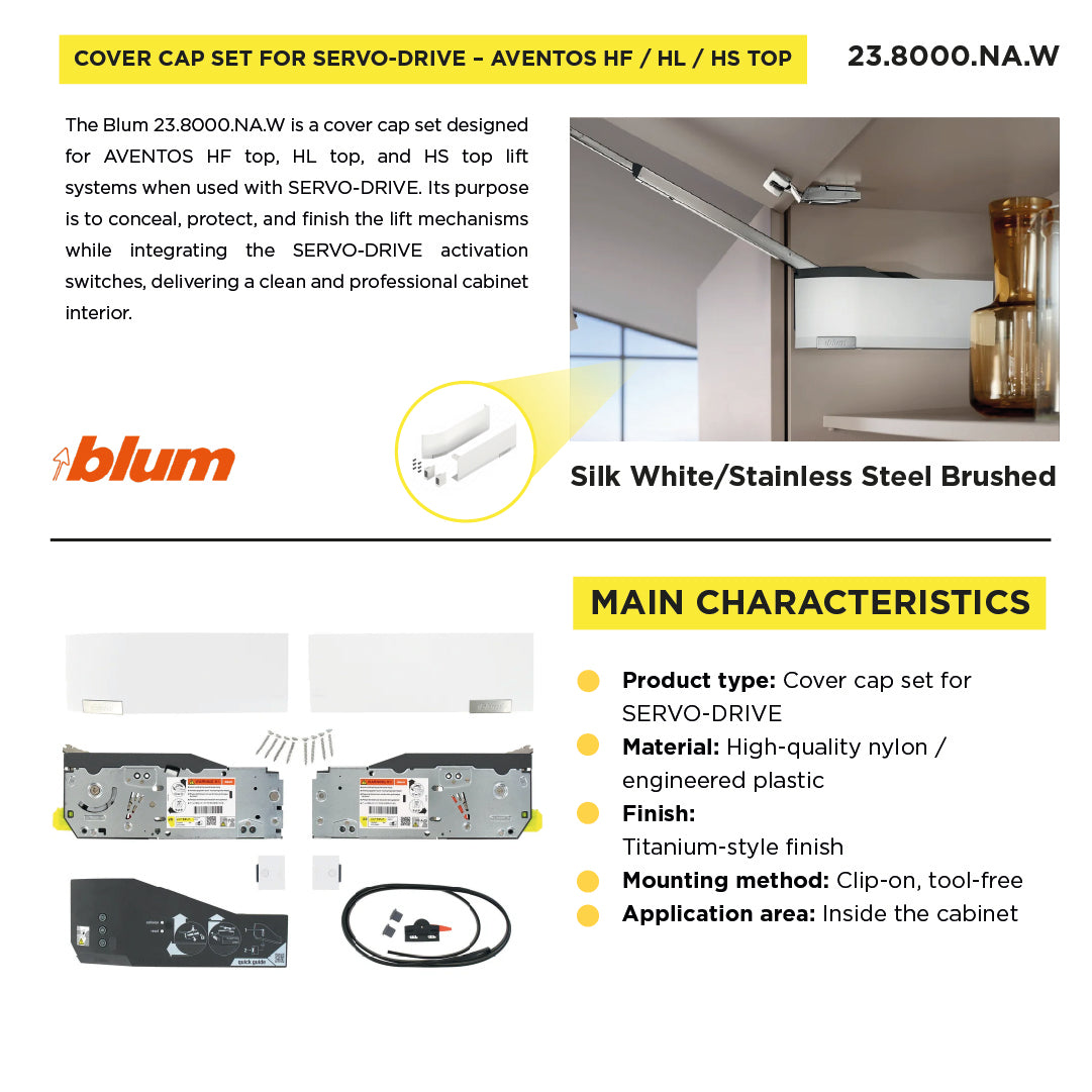 Cover Cap Set Aventos HF/Hs/HL Top, Plain, Right+Left, Suitable For SERVO-DRIVE, Silk White/Stainless Steel Brushed