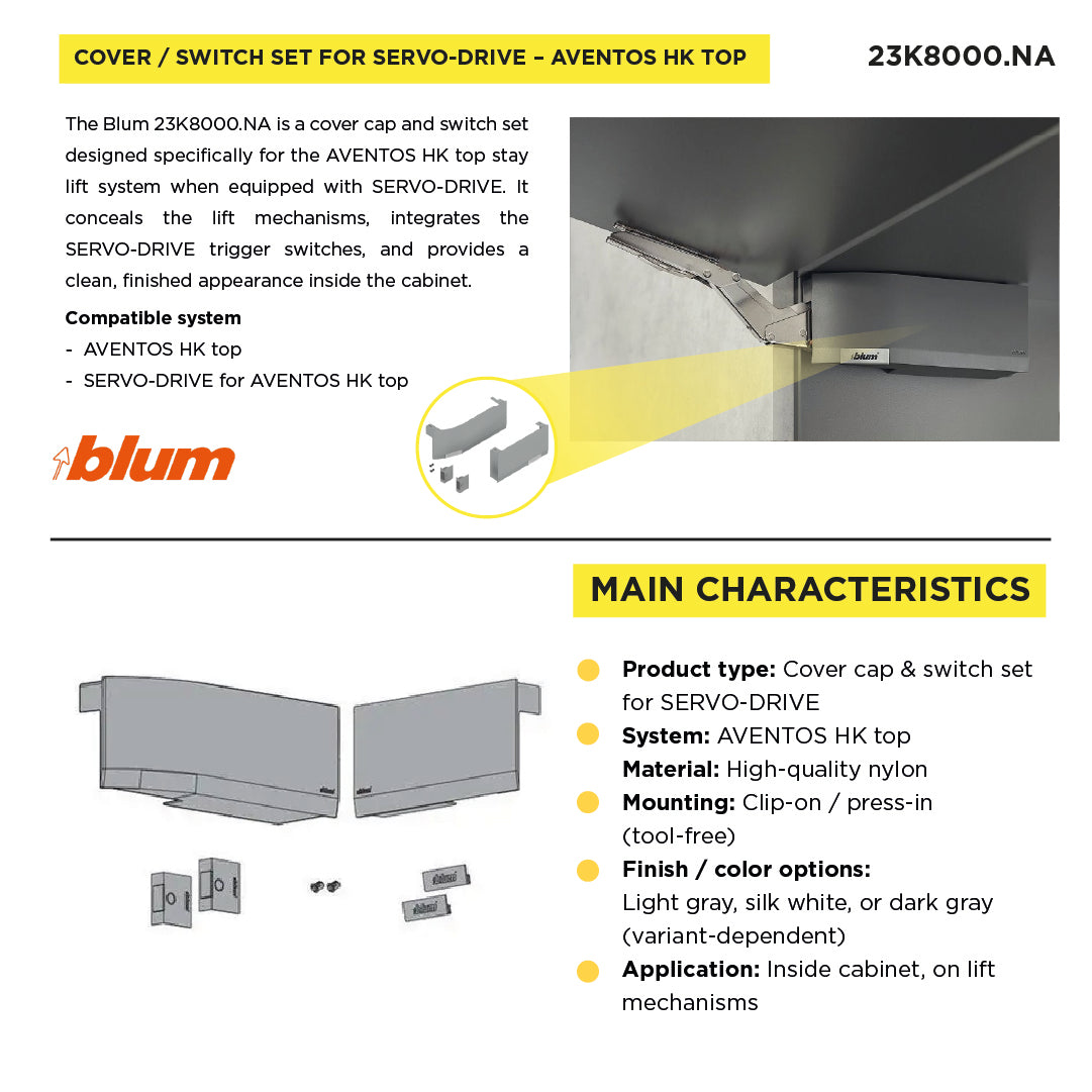 Aventos HK Top Stay Lift, Lift Mechanism Cover Cap, Plain, Right+Left, For SERVO-DRIVE, Light Gray/Stainless Steel Brushed