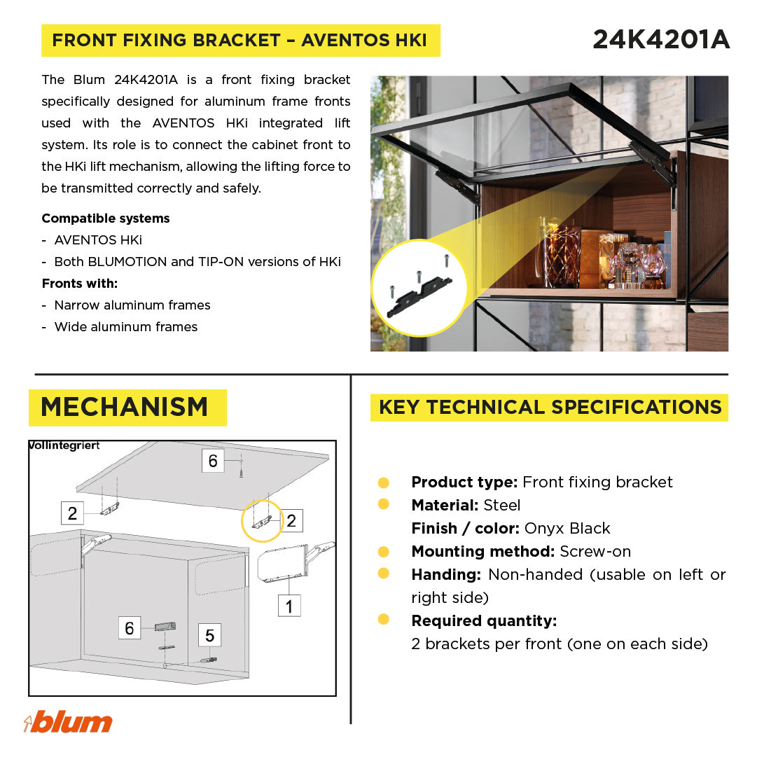 Aventos HKI, Front Fixing Bracket for Aluminum Frames, Screw-On, Onyx Black