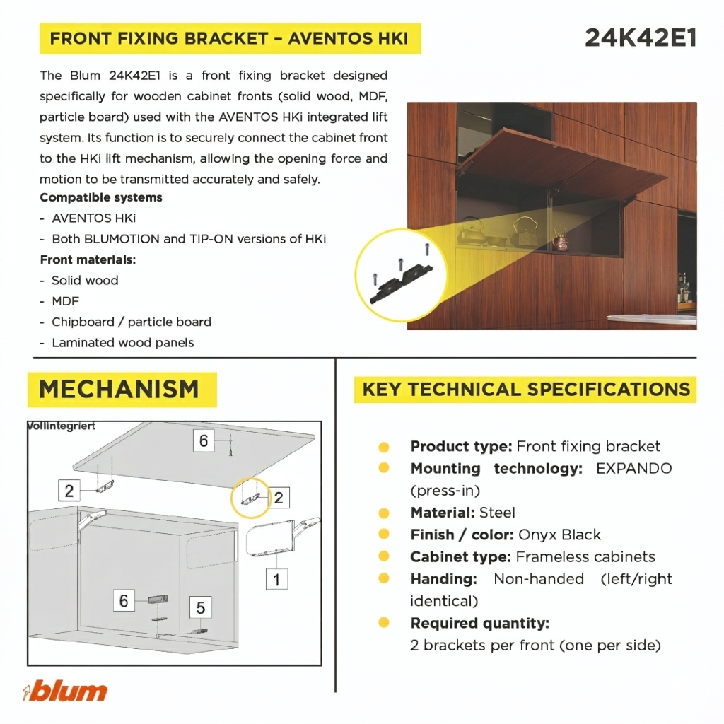 Aventos HKI, Front Fixing Bracket for Wood Fronts, EXPANDO, Onyx Black