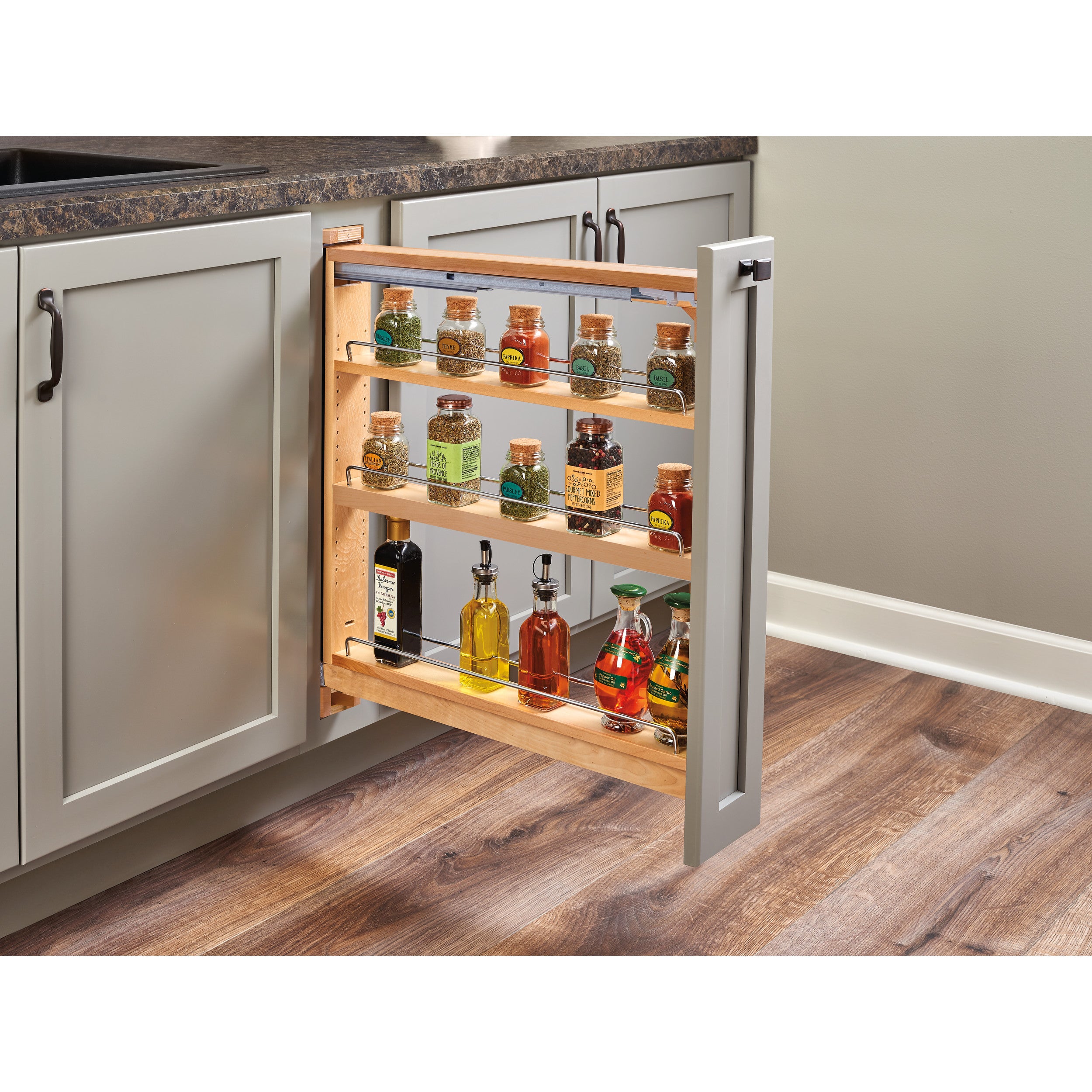 Wood Base Cabinet Organizer Insert w/Soft Close (3" W x 23" D x 26-3/8" - 27-5/16" H)