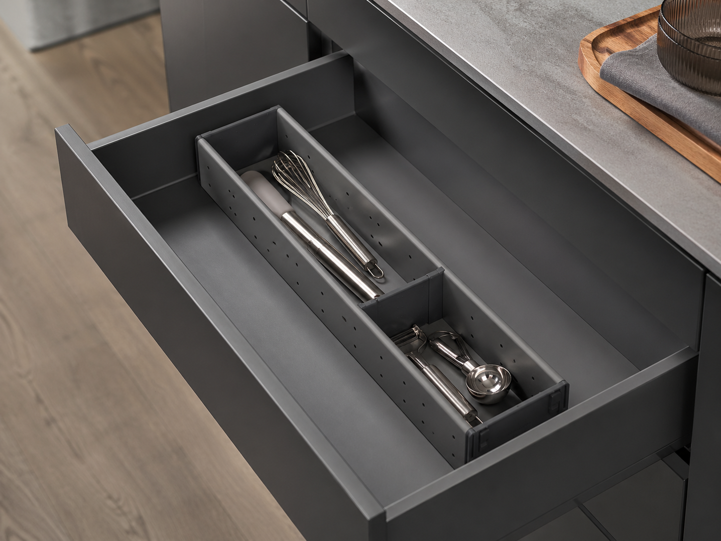 ORGA-LINE utensil set (partially filled), for TANDEMBOX drawer, NL=500 mm, width=105 mm