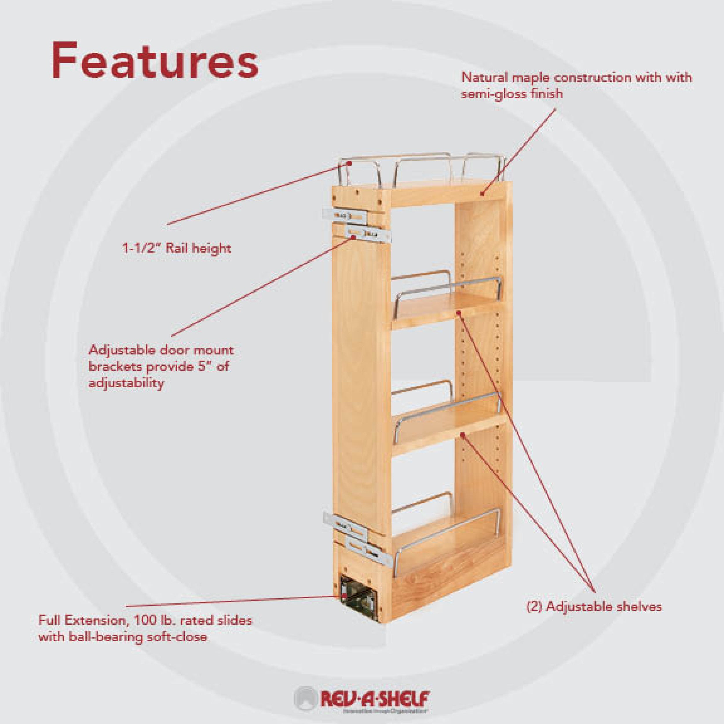 5 in Wood Pull Out Wall Organizer w/Soft Close Natural  5 in (127 mm) W x 10.75 in (273 mm) D x 26.15 in (664 mm) H