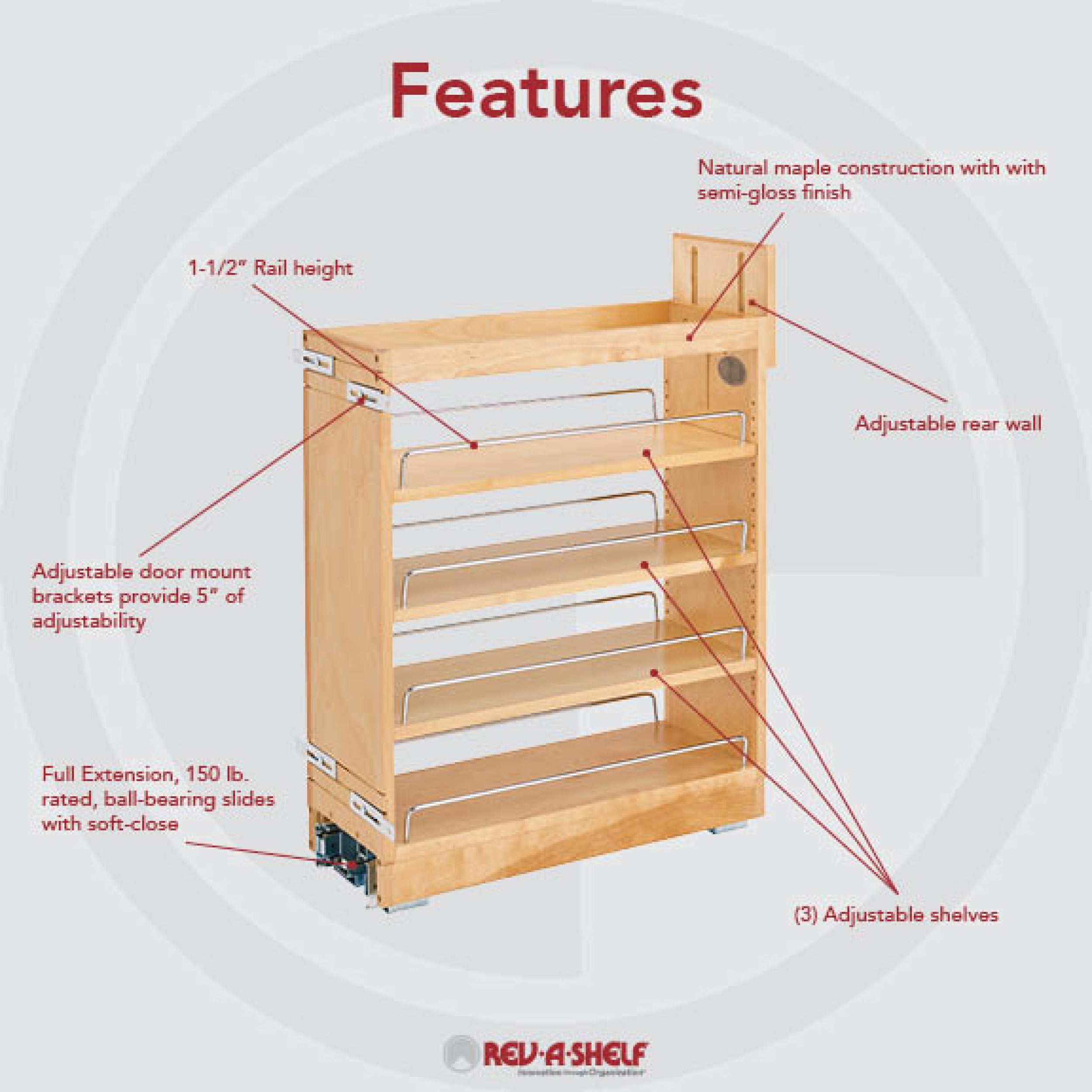 8 in Base Cabinet Organizer Soft-Close Natural  8 in (203 mm) W x 21.65 in (550 mm) D x 25.5 in (648 mm) H