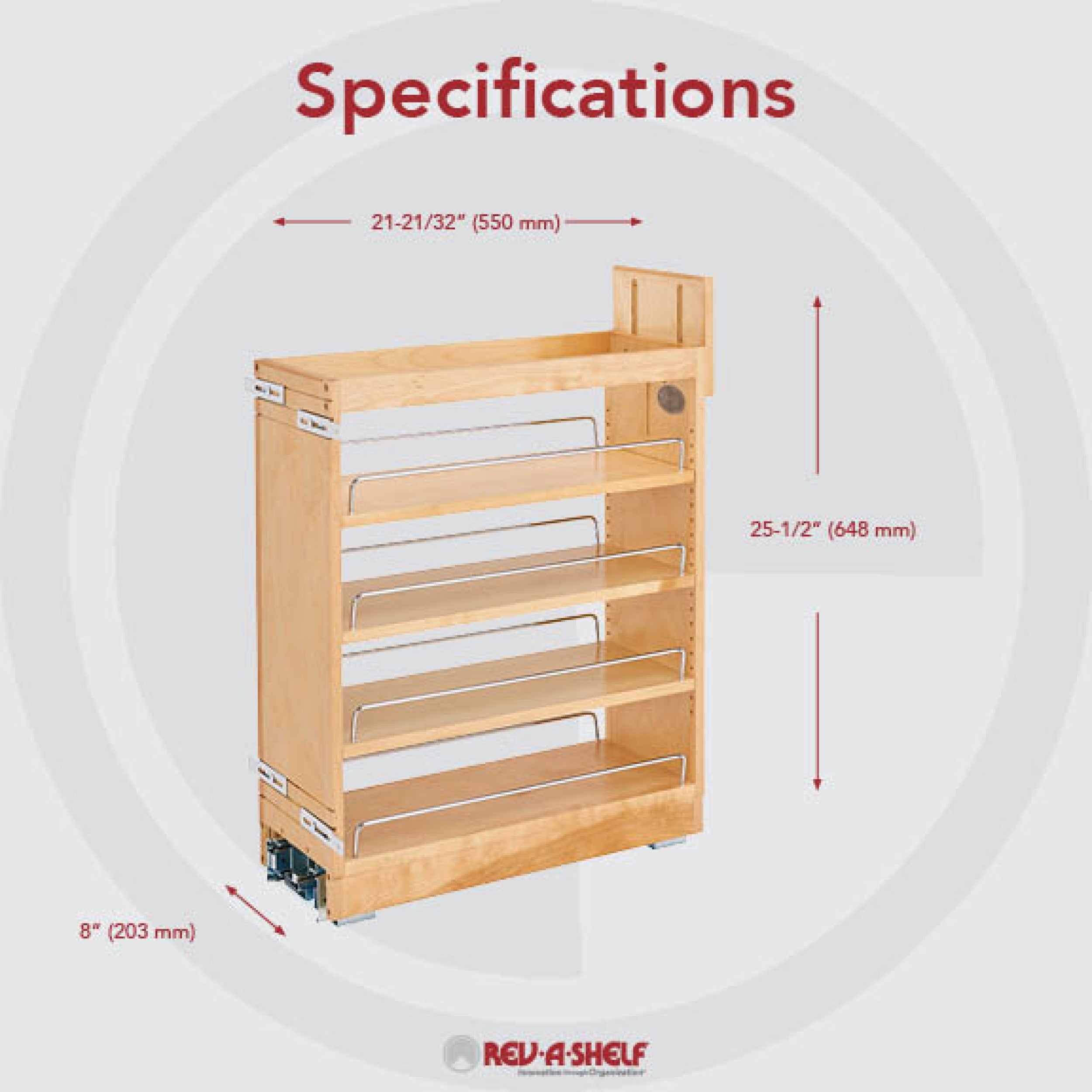 8 in Base Cabinet Organizer Soft-Close Natural  8 in (203 mm) W x 21.65 in (550 mm) D x 25.5 in (648 mm) H