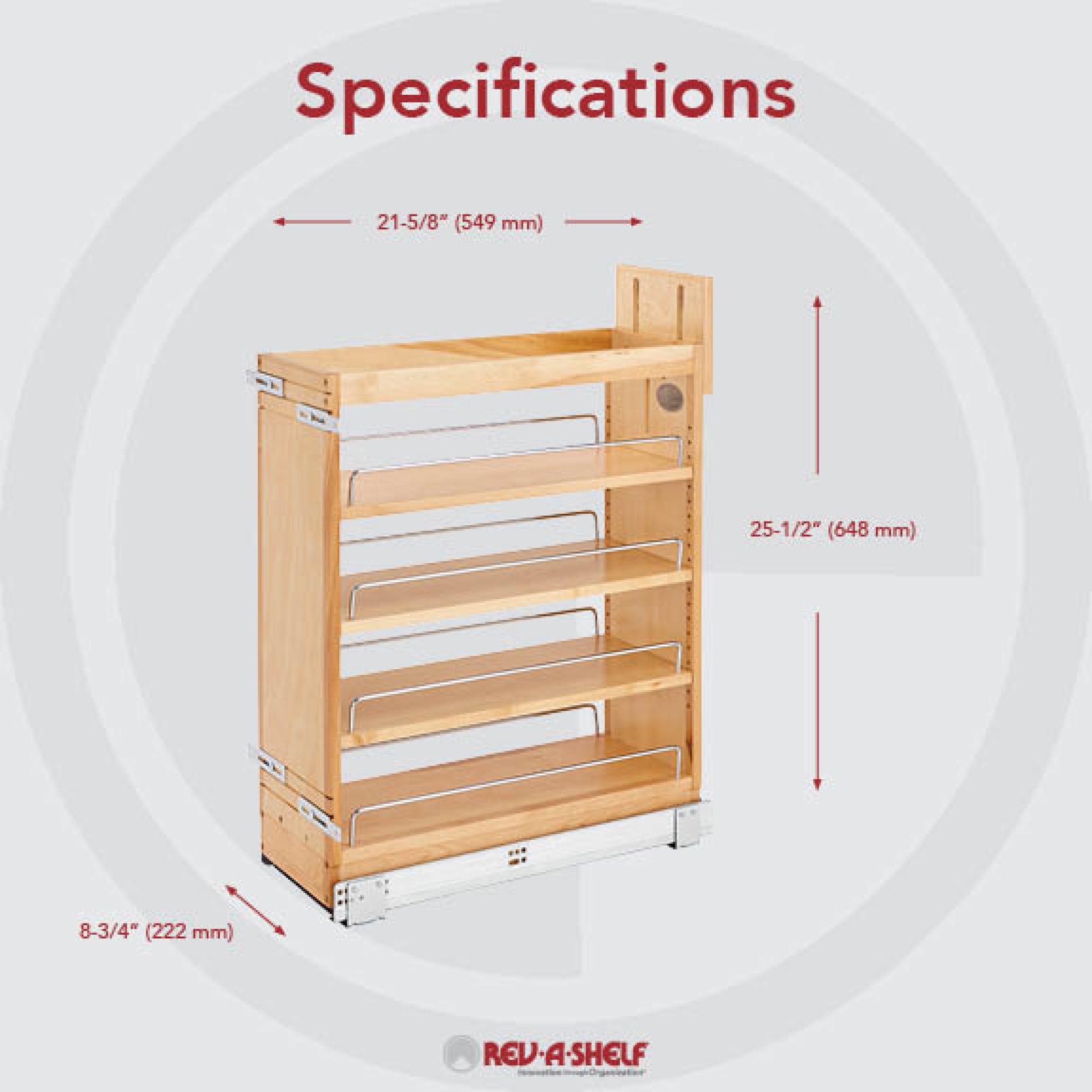 8 in Base Cabinet Organizer Soft-Close Natural  8.75 in (222 mm) W x 21.63 in (549 mm) D x 25.5 in (648 mm) H
