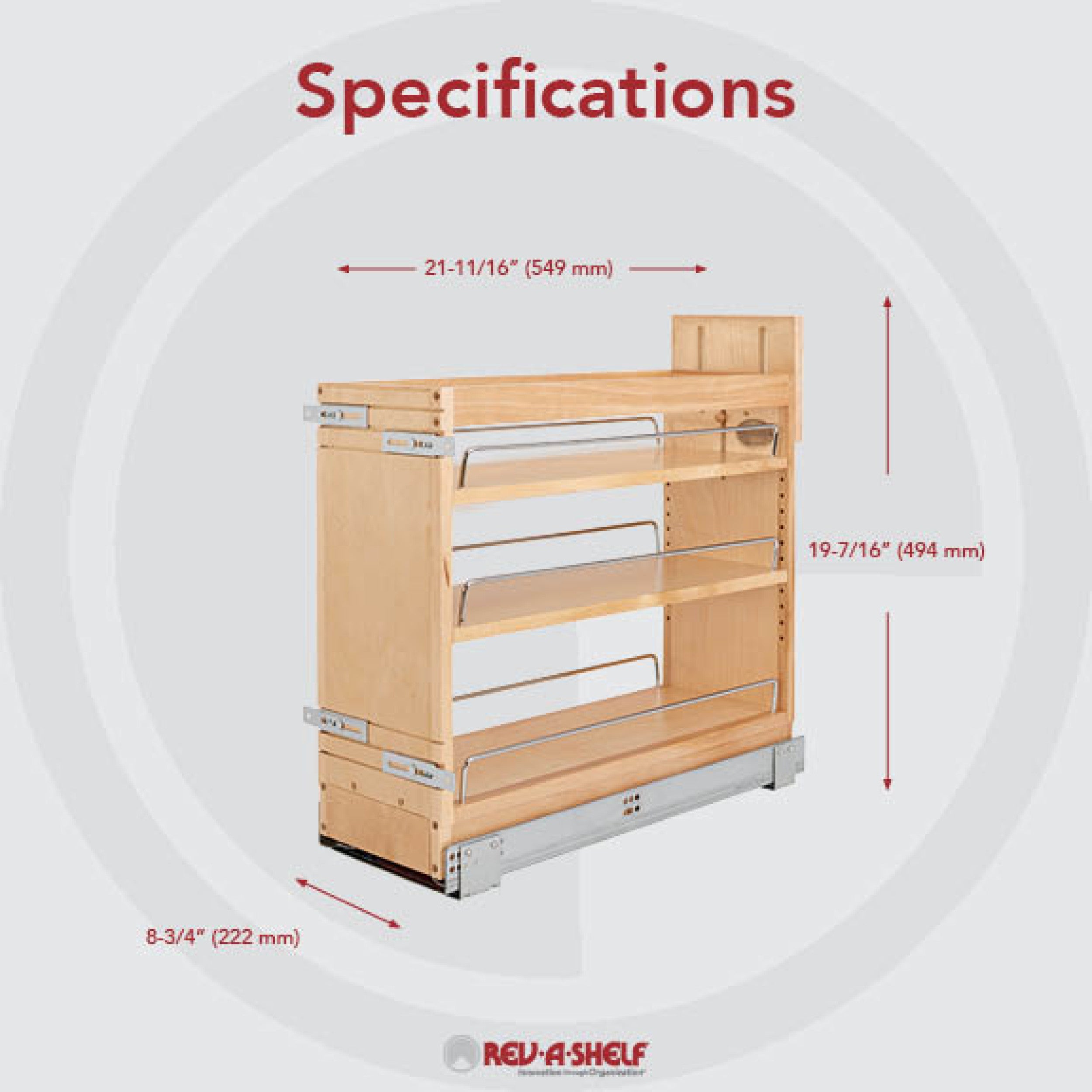 8 in Door/Drawer Base Cabinet Organizer w/Soft-Close Natural  8.75 in (222 mm) W x 21.63 in (549 mm) D x 19.44 in (494 mm) H