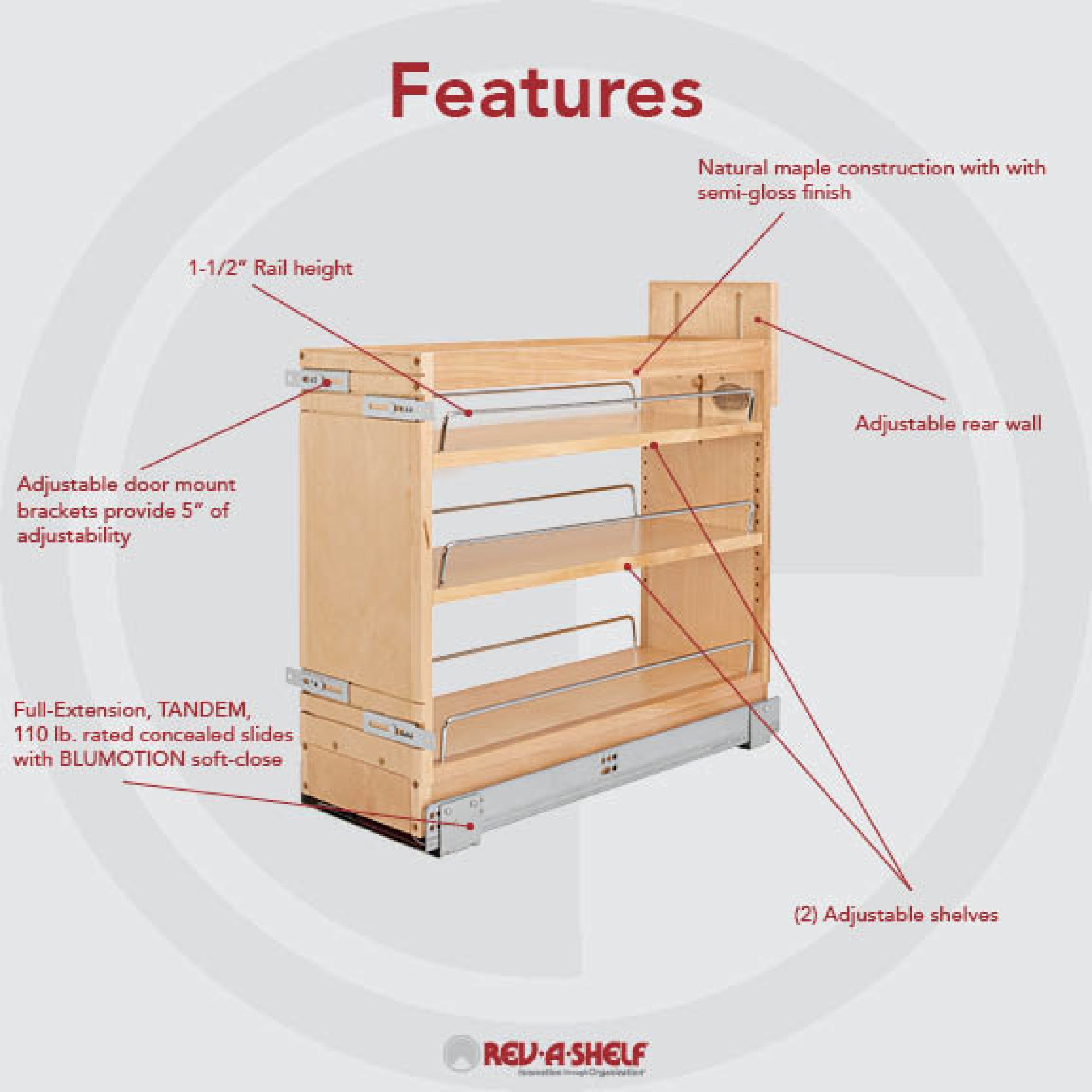 8 in Door/Drawer Base Cabinet Organizer w/Soft-Close Natural  8.75 in (222 mm) W x 21.63 in (549 mm) D x 19.44 in (494 mm) H